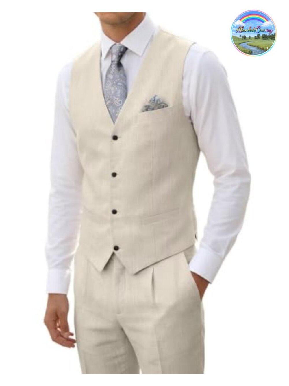 Men's Linen Two-Piece Vest Pants Suit Summer Beach Wedding